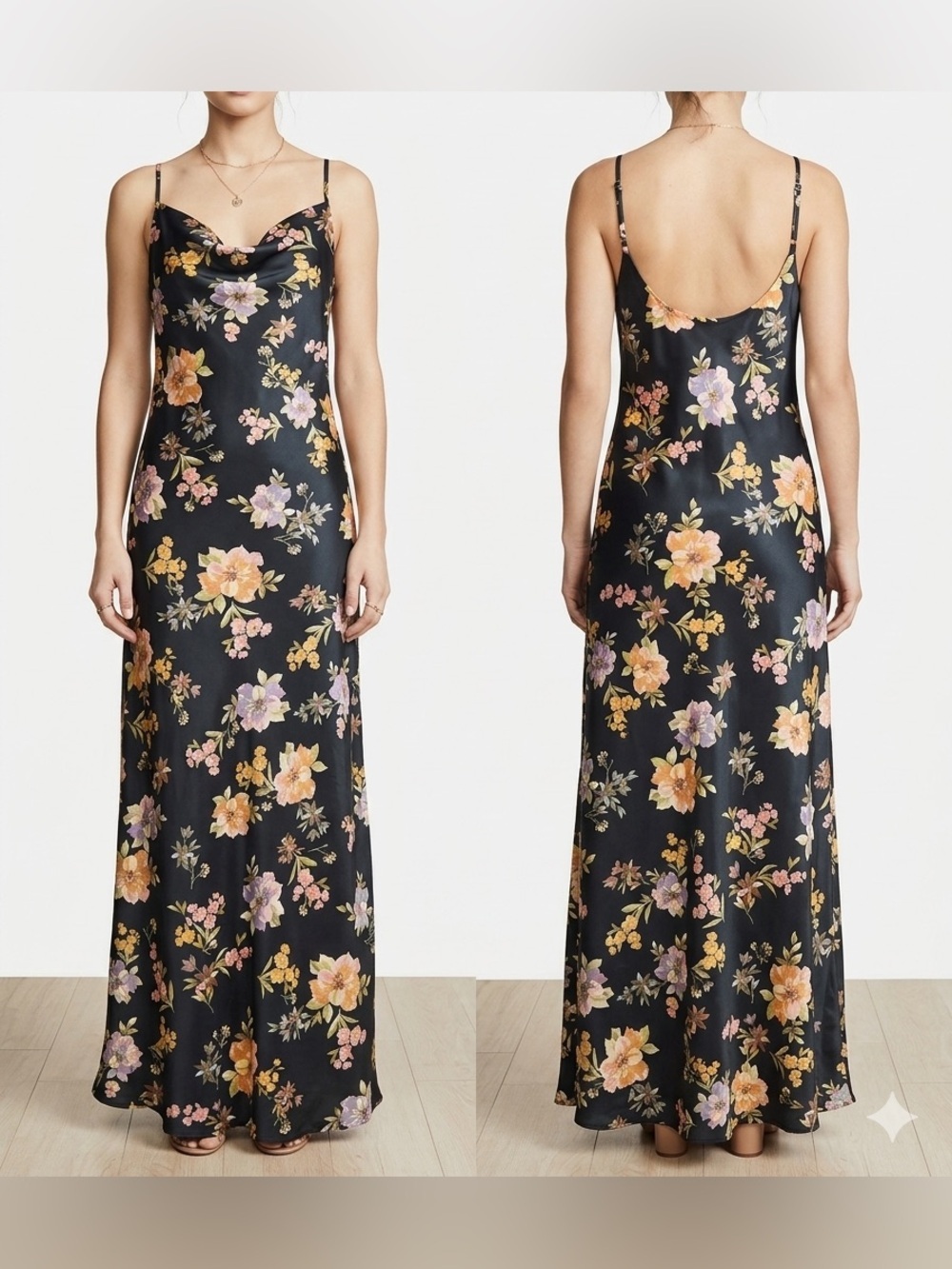 Dress Forum Black Floral Slip Maxi with Yellow & Lilac Blooms